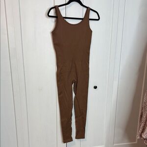 Brown Ribbed Women's Jumpsuit Bump Suit Romper - Medium -